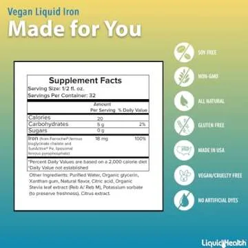 LIQUIDHEALTH Vegan Liquid Iron Supplement with SunActive & Ferrochel Iron - Natural Energy, Immune System & Metabolic Support, Increase Mental Clarity, Prenatal/Postnatal - Non-GMO, Sugar Free (16 oz)
