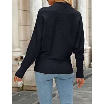 ZESICA Women's Fall Turtleneck Batwing Long Sleeve Ribbed Knit Casual Soft Pullover Sweater Jumper Top,Black,Medium