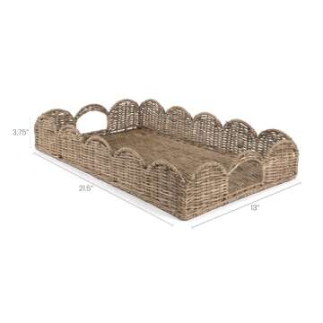 happimess TRY1000A Scalloped 21.5" Southwestern Cottage Hand-Woven Rattan Tray with Handles for Storage,Decoration, Display, Coffee Table or Serving Food, Natural