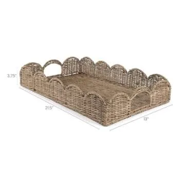 happimess TRY1000A Scalloped 21.5" Southwestern Cottage Hand-Woven Rattan Tray with Handles for Storage,Decoration, Display, Coffee Table or Serving Food, Natural