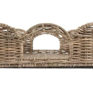 happimess TRY1000A Scalloped 21.5" Southwestern Cottage Hand-Woven Rattan Tray with Handles for Storage,Decoration, Display, Coffee Table or Serving Food, Natural