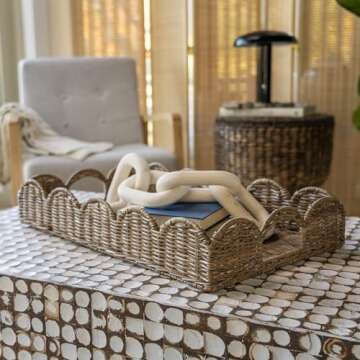 happimess TRY1000A Scalloped 21.5" Southwestern Cottage Hand-Woven Rattan Tray with Handles for Storage,Decoration, Display, Coffee Table or Serving Food, Natural