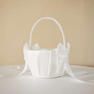 ATAILOVE Wedding Flower Girl Basket - Cute Pearl Handle & Satin Bowknot