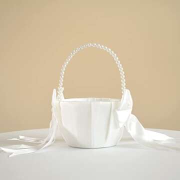 ATAILOVE Ivory Flower Girl Basket with Pearl Handle