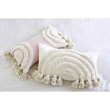 CASA BOHO Fringed Rainbow Throw Pillow Cover for Cozy Decor