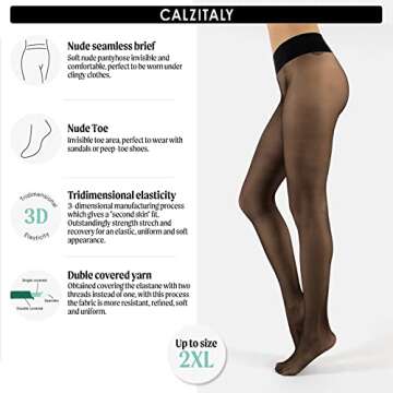 CALZITALY Seamless Sheer Tights with Comfortable Waistband, 15 Dernier Pantyhose (Small, Black)