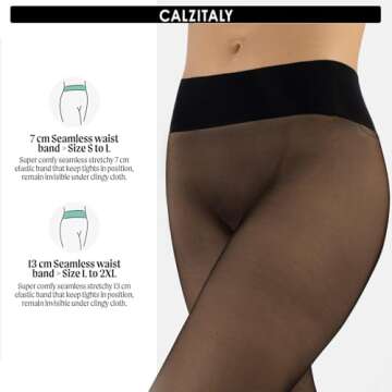 CALZITALY Seamless Sheer Tights with Comfortable Waistband, 15 Dernier Pantyhose (Small, Black)