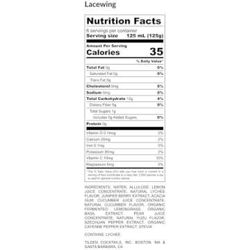 Tilden Cocktails Lacewing, Non-Alcoholic Cocktail, Vegan and No Sugar Added, Cucumber, Basil, Lychee, and Juniper, 750ml