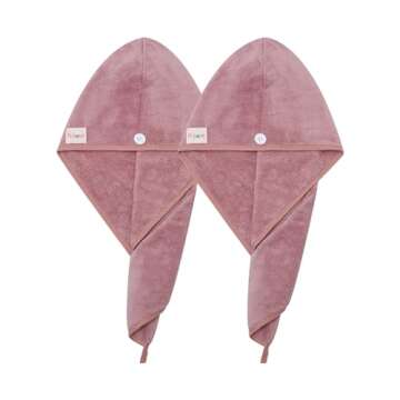 M-bestl 2 Pack Microfiber Hair Towel Wrap,Hair Drying Towel with Button Design,Head Towel to Dry Curly Hair Quickly (Bean Pink)