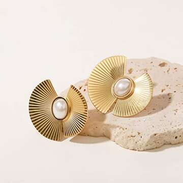 Dainty Geometric Fan-shape Earrings with Pearl,Hypoallergenic Chunky 18K Gold Plated Stainless Steel...