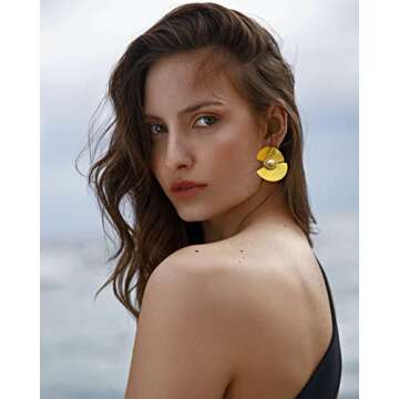 Dainty Geometric Fan-shape Earrings with Pearl,Hypoallergenic Chunky 18K Gold Plated Stainless Steel Earrings,Tarnish Free Earrings,Trendy Minimalist Statement Fashion Jewelry for Women