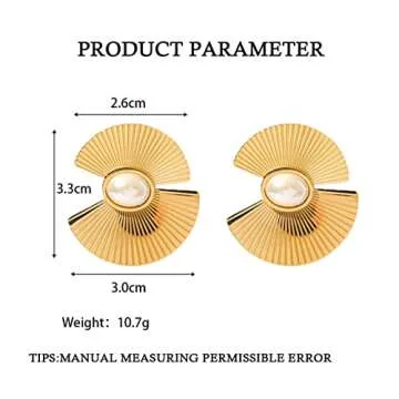 Dainty Geometric Fan-shape Earrings with Pearl,Hypoallergenic Chunky 18K Gold Plated Stainless Steel Earrings,Tarnish Free Earrings,Trendy Minimalist Statement Fashion Jewelry for Women