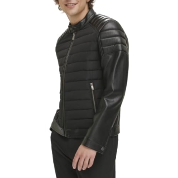 DKNY Faux Leather Puffer Jacket for Men - Stylish & Warm