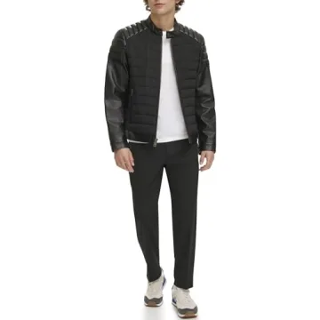 DKNY Faux Leather Puffer Jacket for Men - Stylish & Warm