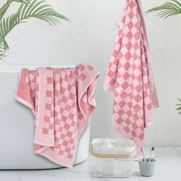 Jacquotha Soft Bath Towels Set (Pink Checkered) - Quick Dry Cotton Shower Towels for Beach & Spa