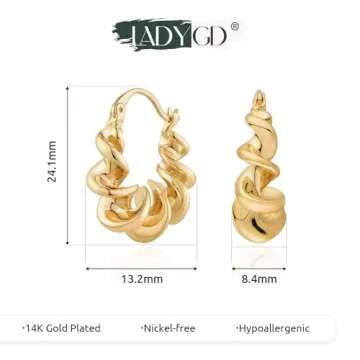 LADYGD Gold Hoop Earrings for Women 14K Gold Plated Twisted Thick Hoops Earring Hypoallergenic Simple Gold Jewelry Gifts