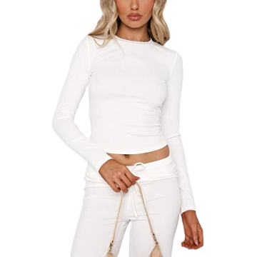 Women Sexy Long Sleeve Shirt Solid Slim Fitted Ribbed Tee Top Blouse Y2K 90s E-Girl Streetwear(Q-Whi...