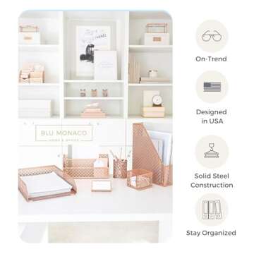 BLU MONACO 6 Piece Rose Gold Desk Organizer Set - Desk Sets- Office Set- Rose Gold Desk Accessories - Desktop Organization