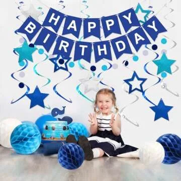 meowtastic Birthday Decorations, Happy Birthday Banner with Honeycomb Balls, Stars Hanging Swirl Streamers, Circle Dots Garland, Happy Birthday Party Decorations for Women Men Boys Girls (Blue)