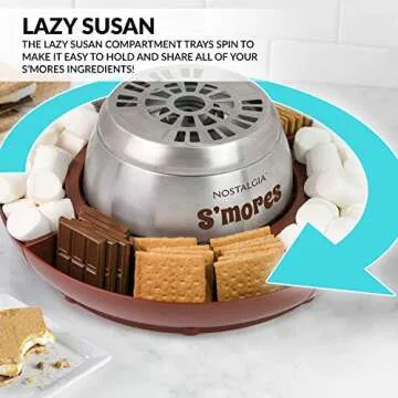 Nostalgia Tabletop Indoor Electric S'mores Maker - Smores Kit With Marshmallow Roasting Sticks and 4 Trays for Graham Crackers, Chocolate, and Marshmallows - Movie Night Supplies - Brown