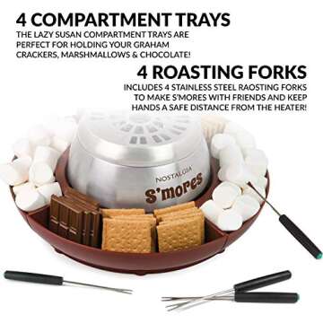 Nostalgia Tabletop Indoor Electric S'mores Maker - Smores Kit With Marshmallow Roasting Sticks and 4 Trays for Graham Crackers, Chocolate, and Marshmallows - Movie Night Supplies - Brown