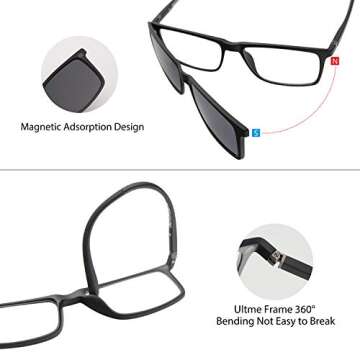 Bauhaus Magnetic Clip on Sunglasses for Men & Women Polarized UV Protection Retro Square Eyeglasses Fit Over Night Driving