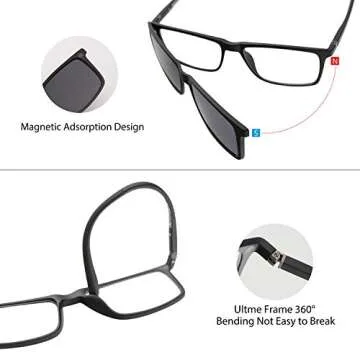 Bauhaus Magnetic Clip on Sunglasses for Men & Women Polarized UV Protection Retro Square Eyeglasses Fit Over Night Driving