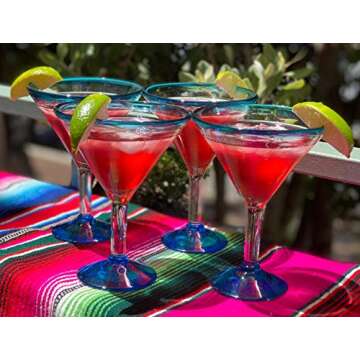 Mexican Hand Blown Glass – Set of 4 Hand Blown Modern Margarita Glasses - Aqua Rim (12 oz)