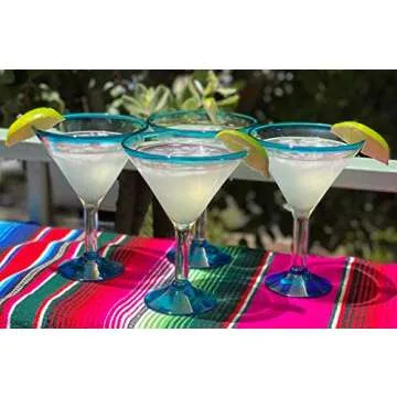 Mexican Hand Blown Glass – Set of 4 Hand Blown Modern Margarita Glasses - Aqua Rim (12 oz)