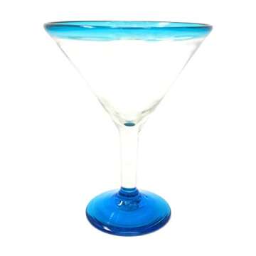 Mexican Hand Blown Glass – Set of 4 Hand Blown Modern Margarita Glasses - Aqua Rim (12 oz)