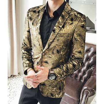 OUYE Men's Golden Black Floral Casual Sport Coat US S-Chest 36"(Asian XL)
