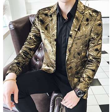 OUYE Men's Golden Black Floral Casual Sport Coat US S-Chest 36"(Asian XL)
