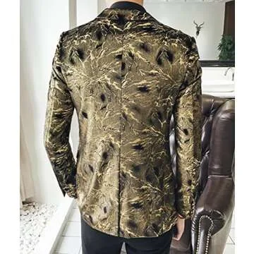 OUYE Men's Golden Black Floral Casual Sport Coat US S-Chest 36"(Asian XL)
