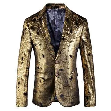 OUYE Men's Golden Black Floral Casual Sport Coat US S-Chest 36"(Asian XL)