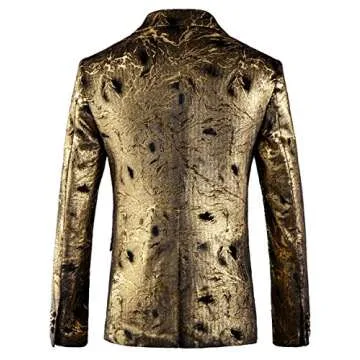 OUYE Men's Golden Black Floral Casual Sport Coat US S-Chest 36"(Asian XL)