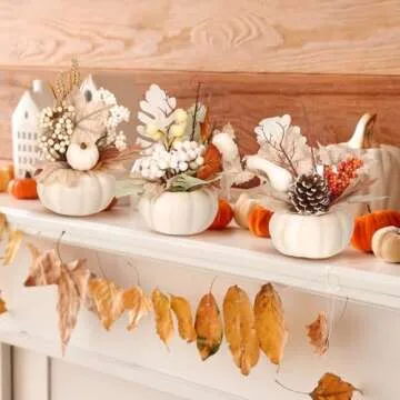 Wavwavw 3 Pcs 9 Inch Fall Artificial Pumpkins Fake Pumpkin Centerpiece Decor Cozy Maple Leaves Styles Farmhouse Neutral Fall Decor Autumn Rustic Thanksgiving Fall Decoration for Home Indoor Outdoor