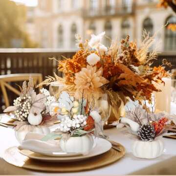 Wavwavw 3 Pcs 9 Inch Fall Artificial Pumpkins Fake Pumpkin Centerpiece Decor Cozy Maple Leaves Styles Farmhouse Neutral Fall Decor Autumn Rustic Thanksgiving Fall Decoration for Home Indoor Outdoor