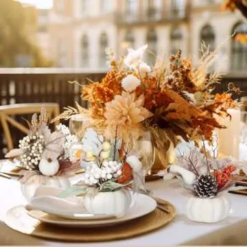 Wavwavw 3 Pcs 9 Inch Fall Artificial Pumpkins Fake Pumpkin Centerpiece Decor Cozy Maple Leaves Styles Farmhouse Neutral Fall Decor Autumn Rustic Thanksgiving Fall Decoration for Home Indoor Outdoor