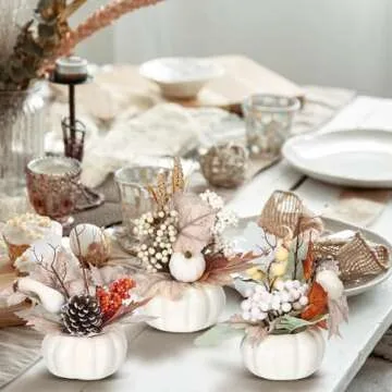 Wavwavw 3 Pcs 9 Inch Fall Artificial Pumpkins Fake Pumpkin Centerpiece Decor Cozy Maple Leaves Styles Farmhouse Neutral Fall Decor Autumn Rustic Thanksgiving Fall Decoration for Home Indoor Outdoor