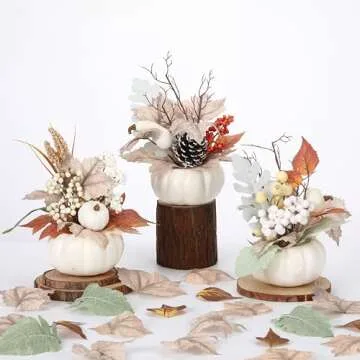 Wavwavw 3 Pcs 9 Inch Fall Artificial Pumpkins Fake Pumpkin Centerpiece Decor Cozy Maple Leaves Styles Farmhouse Neutral Fall Decor Autumn Rustic Thanksgiving Fall Decoration for Home Indoor Outdoor