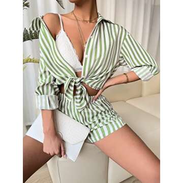 Floerns Women's 2 Piece Outfit Striped Long Sleeve Blouse Top with Shorts Set Green White L