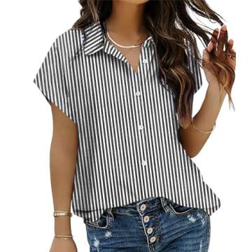 HOTOUCH Womens Cap Sleeve Striped Button Down Shirt Classic Collared Cotton Blouse Summer Basic Line...