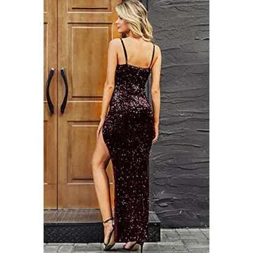 BerryGo Women's Sexy Formal V Neck Bodycon Sequin Dress Gown Evening Prom Maxi Dress with Slit Wine Red S