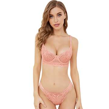 Guoeappa Women's Sexy Lace Lingerie Set - Sheer Floral Underwire Bra and Panty Set in Pink (34C)