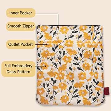 LParkin Daisy Flower Embroidery Book Sleeve with Zipper for Readers Protector Cover Gift for Book Lo...