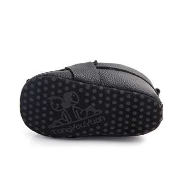 QIETION Baby Girls Boys Loafers, Cute Newborn Crib Shoes, PrewalkerPU Sneakers, Perfect for Baptism/Crawling/Wedding Black 6-12 Months V201-BK12