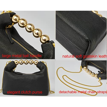 DORIS&JACKY Small Top Handle Clutch Bag Women Designer Goatskin Crossbody Purse With Pearl Handle And Detachable Metal Chain (Black)