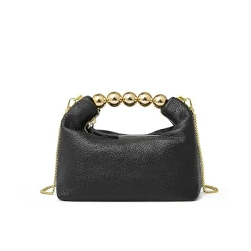 DORIS&JACKY Small Top Handle Clutch Bag Women Designer Goatskin Crossbody Purse With Pearl Handle And Detachable Metal Chain (Black)
