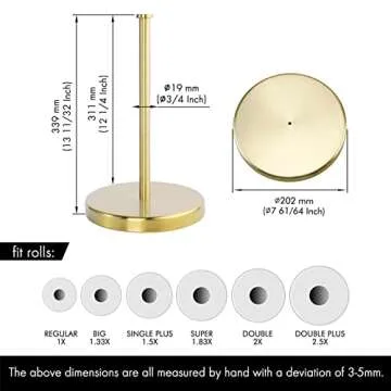 KES Kitchen Paper Roll Holder Standing Paper Towel Holder with Weighted Base for Standard or Mega Rolls SUS304 Stainless Steel Brushed Gold, KPH202-BZ