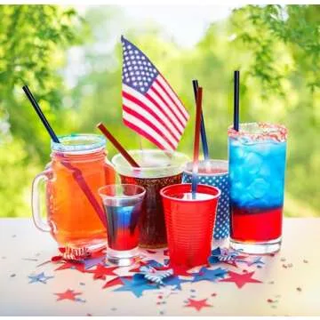 50 Count Plastic Patriotic Straws Disposable Fourth of July Red Blue and White Drinking Straw for Cups Holiday USA Independence Day Memorial Day July 4 & Picnic Dinnerware Party Supplies